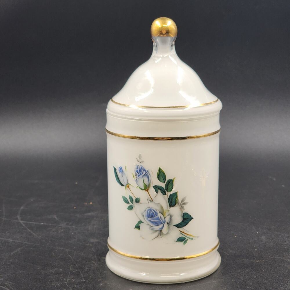 Blue Tea Rose Apothecary Jar Norleans Bristol Milk Glass Gold Trim 9" Vintage